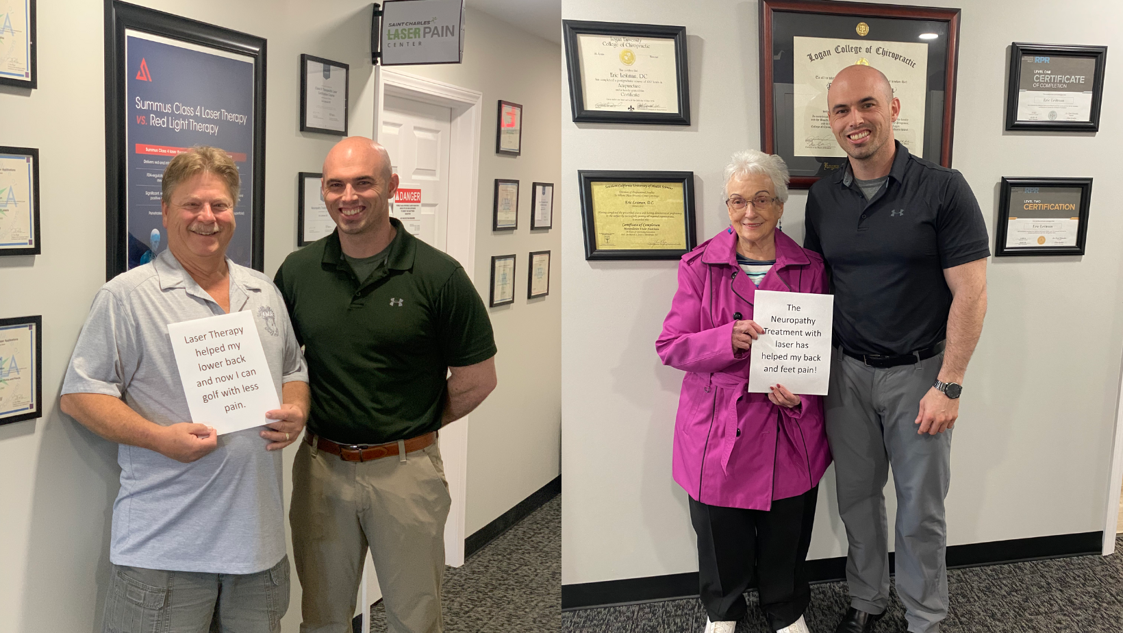 Dr. Leitman standing with two patients at Complete Performance Chiropractic. One patient holds a sign about laser therapy helping with back pain and golf, while another holds a sign about neuropathy treatment reducing back and foot pain.