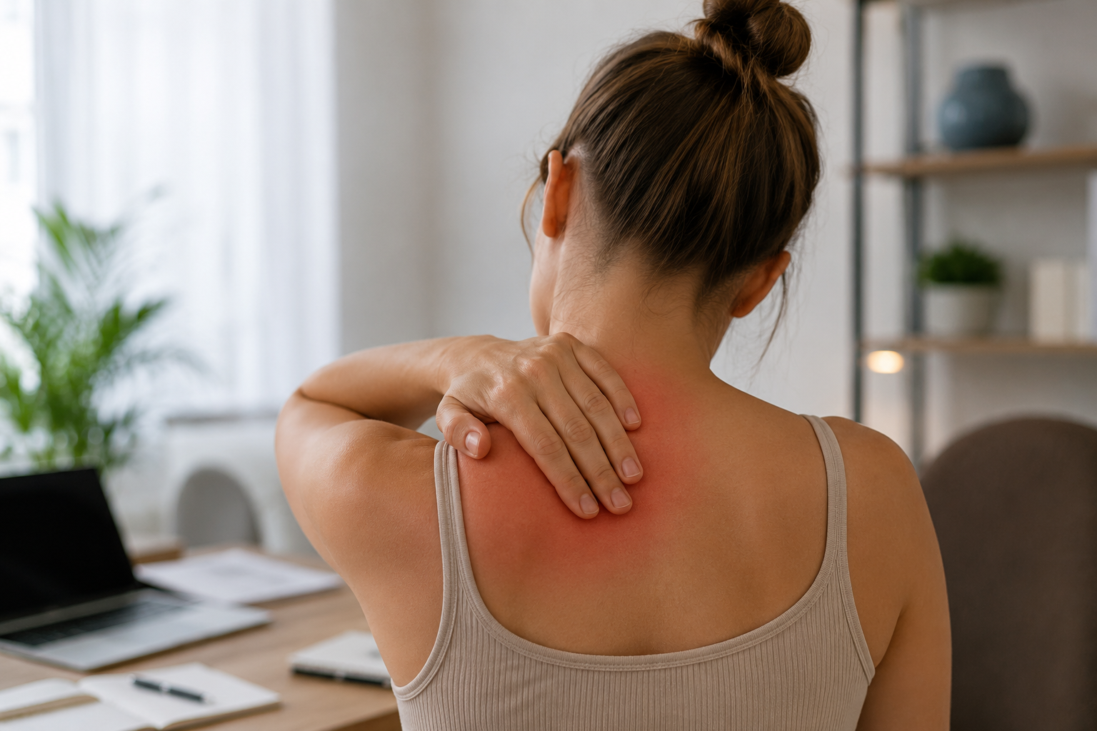 Woman relieving neck pain in home office