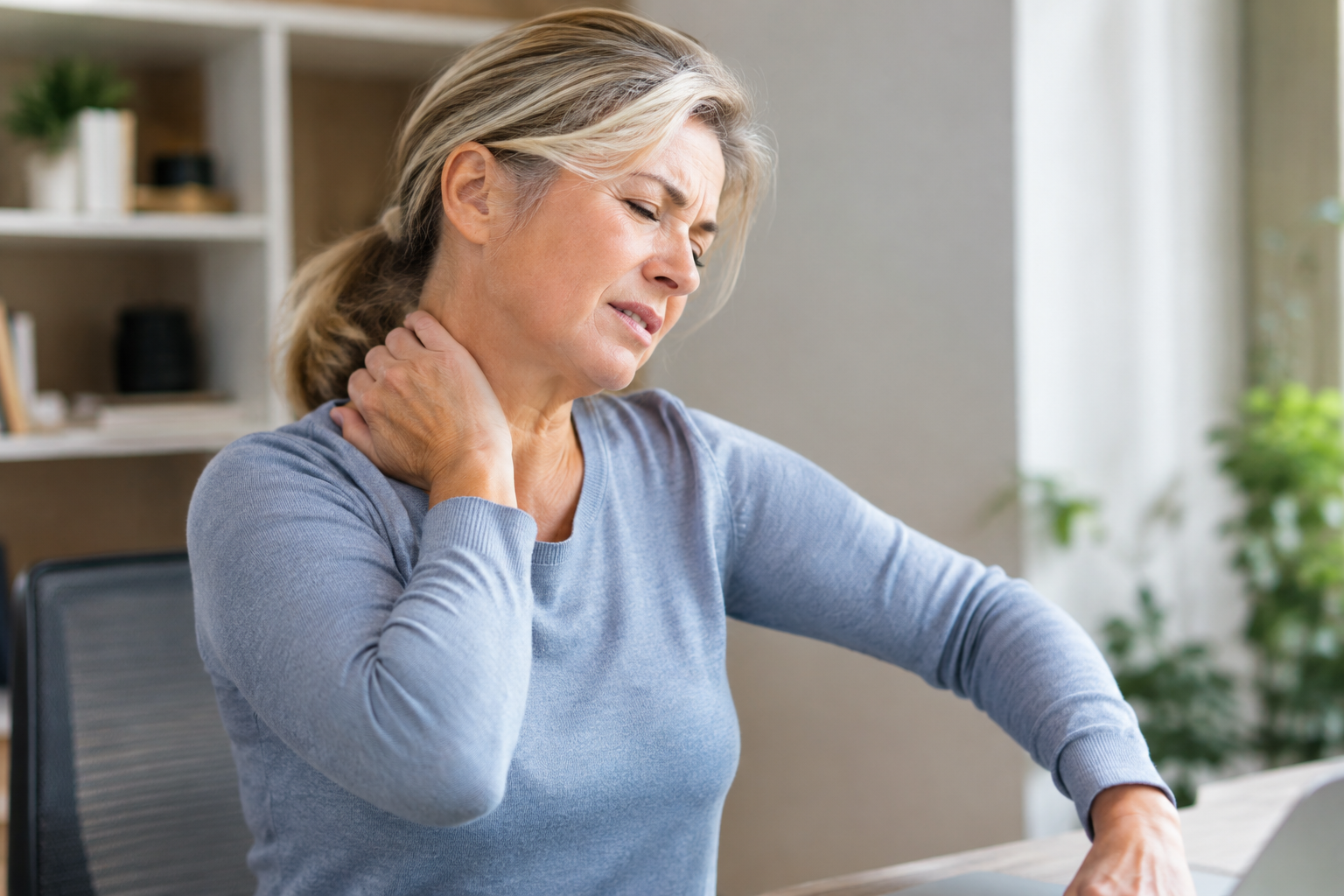 Person experiencing neck pain that radiates into the arm from possible nerve compression