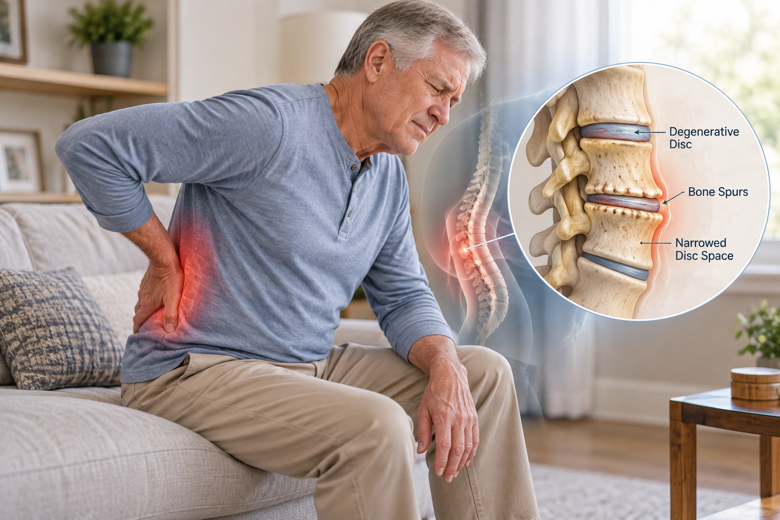 Older adult experiencing age-related changes in spine health and mobility